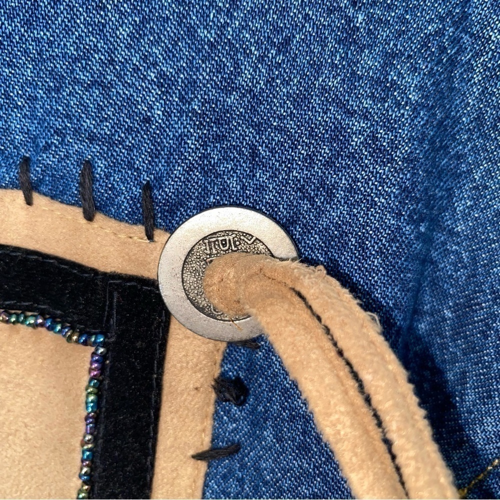 CARRIE ALLEN Denim Jacket Vintage Beaded Suede Long Sleeve Blue/Tan Women Size L - Picture 10 of 14